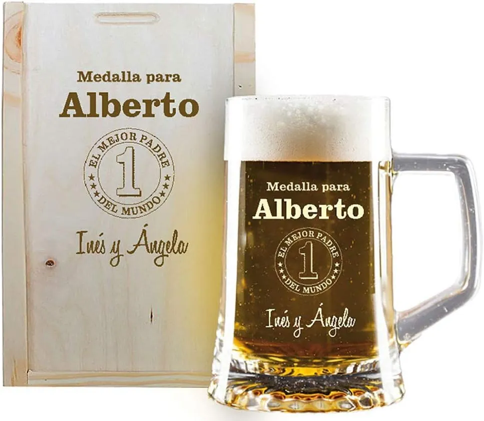 Calledelregalo Jarra de cerveza personalizada (Jarra de Cerveza grabada con su Nombre y año de Nacimiento en Estuche de Madera G
